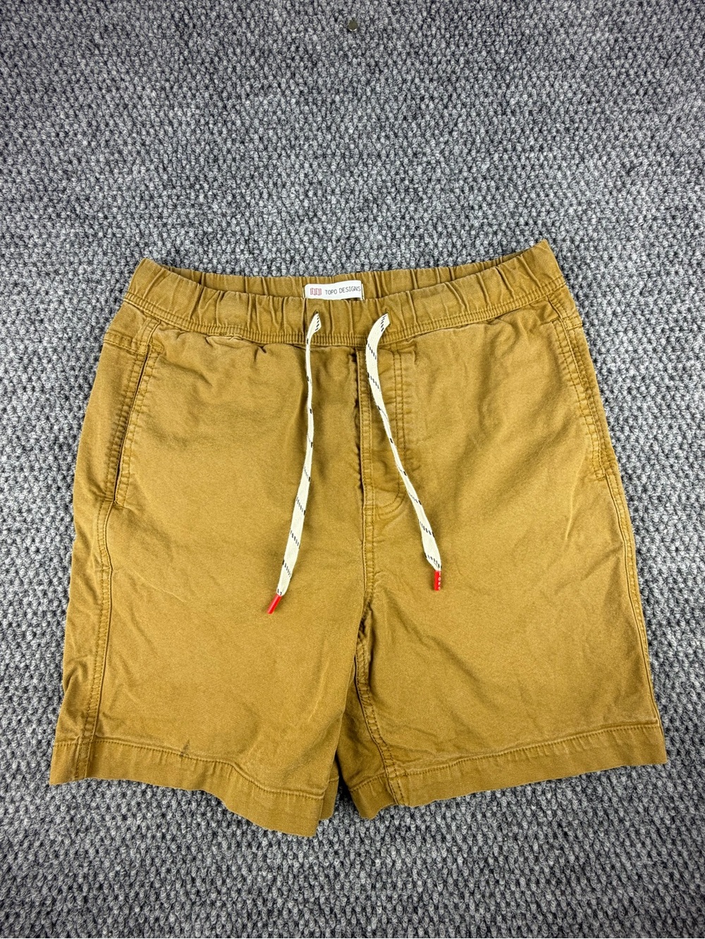 Topo Designs Dirt Shorts Men Medium 6" Khaki Tan Organic Cotton Stretch Belted
